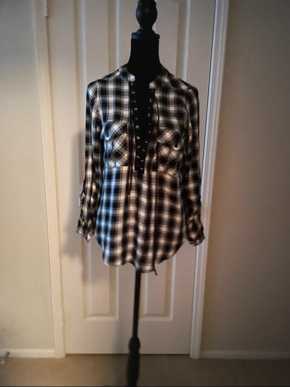 Express Black and White Plaid Lace-Up Button Down Shirt